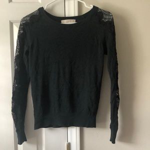 Dark green Loft sweater with black lace sleeves